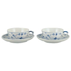 Antique Two Sets of Royal Copenhagen Blue Fluted Plain Tea Cups and Saucers