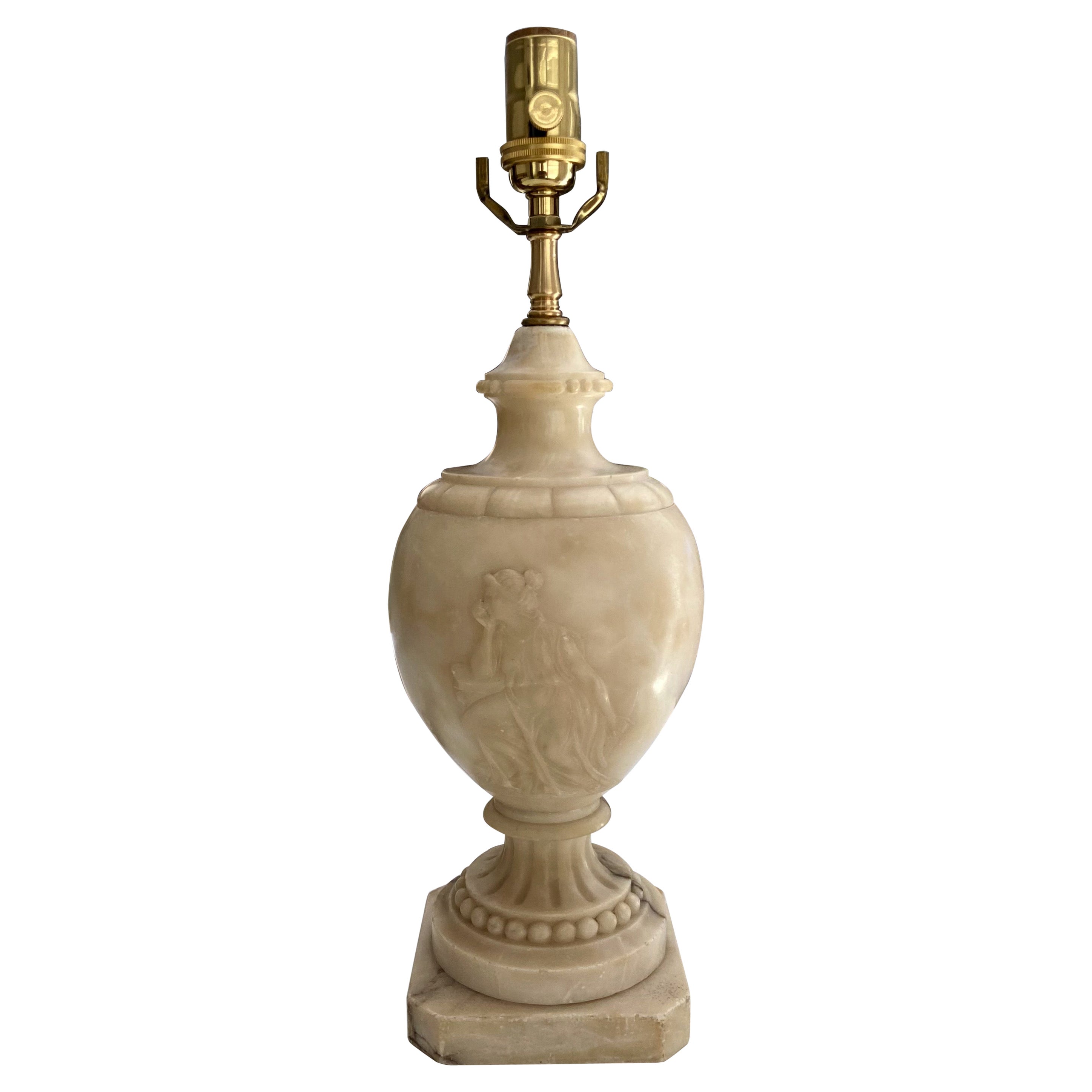 Lampe de table néoclassique en albâtre avec urne de femme grecque
