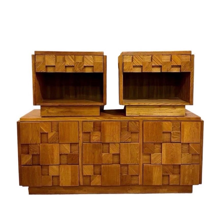 Vintage Lane Brutalist End Table and Dresser Set, Dovetail Drawers For