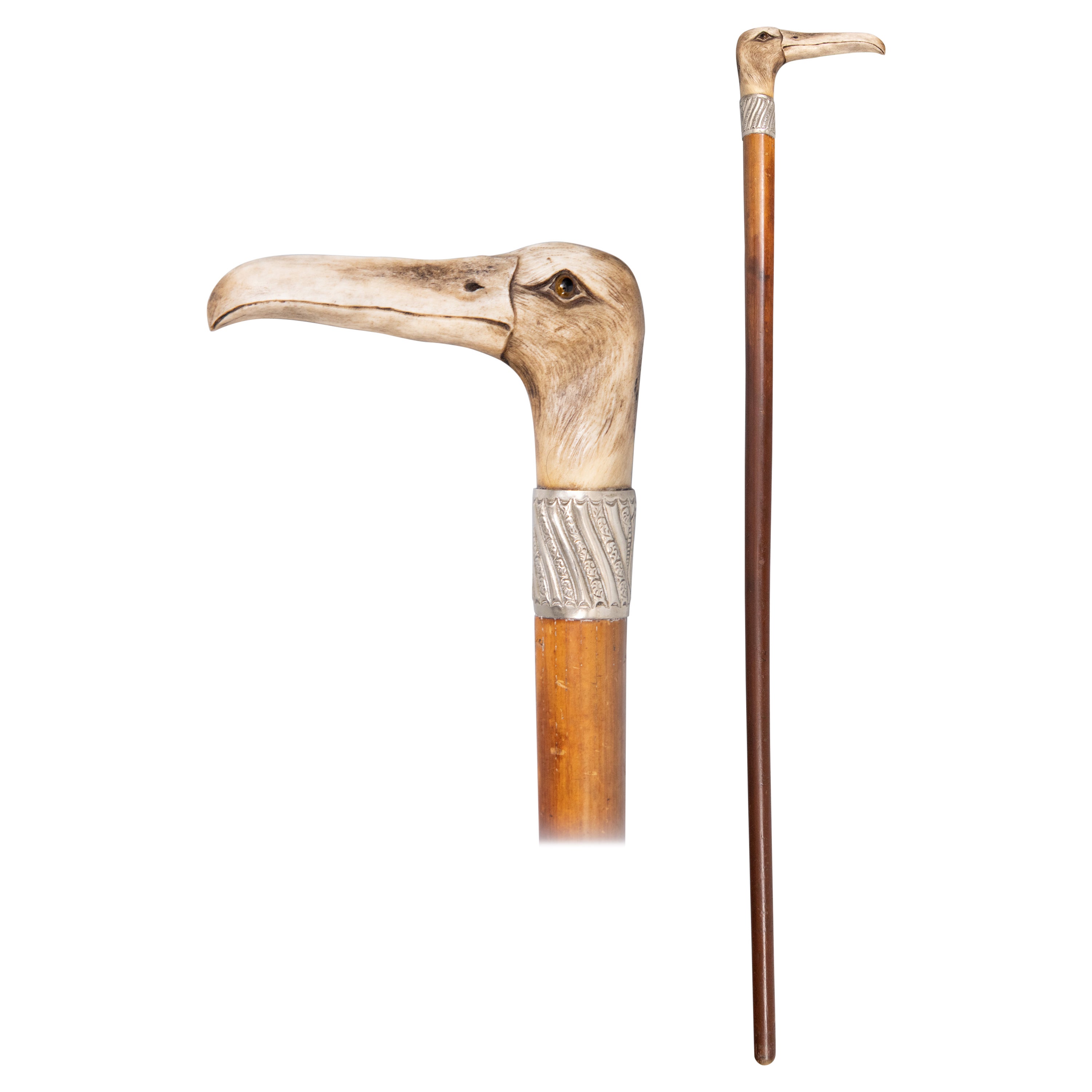 19th Century English Albatross Bird Carved Stag Horn Walking Stick For Sale