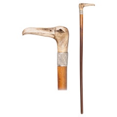 Used 19th Century English Albatross Bird Carved Stag Horn Walking Stick