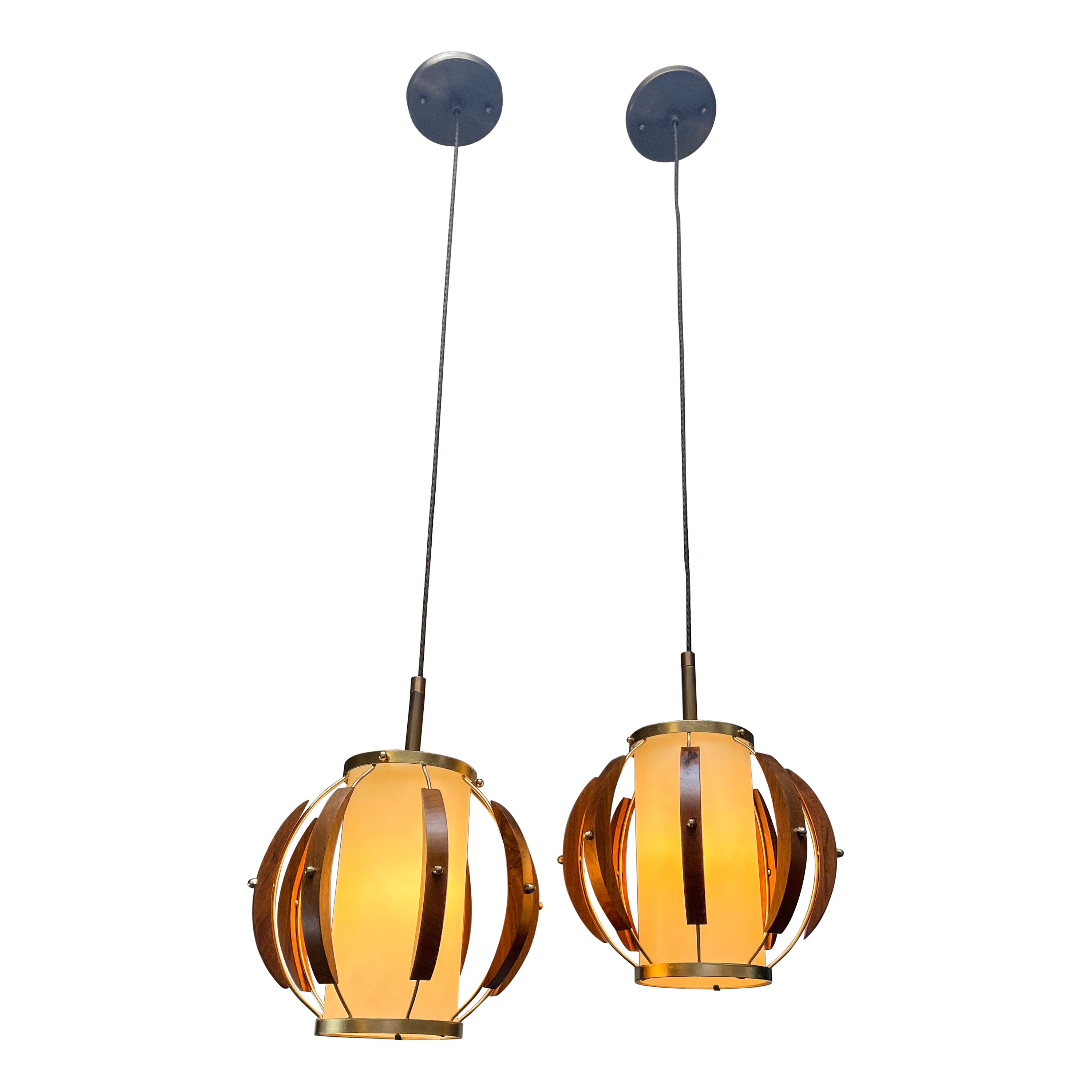 Pair of Beautiful Midcentury Pendants, Fully Rewired For Sale