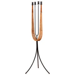 Hard-to-come-by Wrought Iron + Rattan Floor Candelabra by Arthur Umanoff