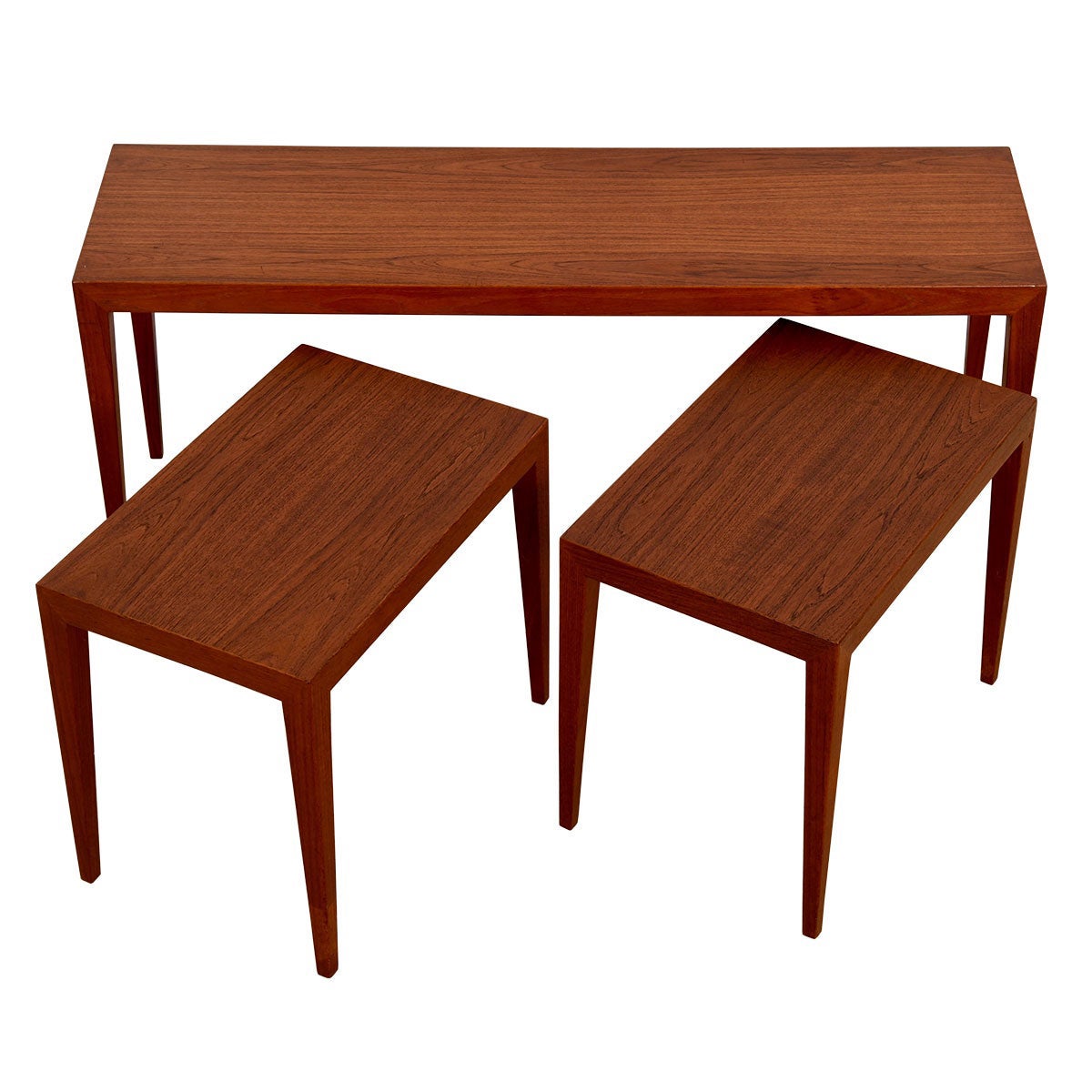 Rare Danish Teak Skinny Accent / Coffee Table with Pair Nesting Tables For Sale