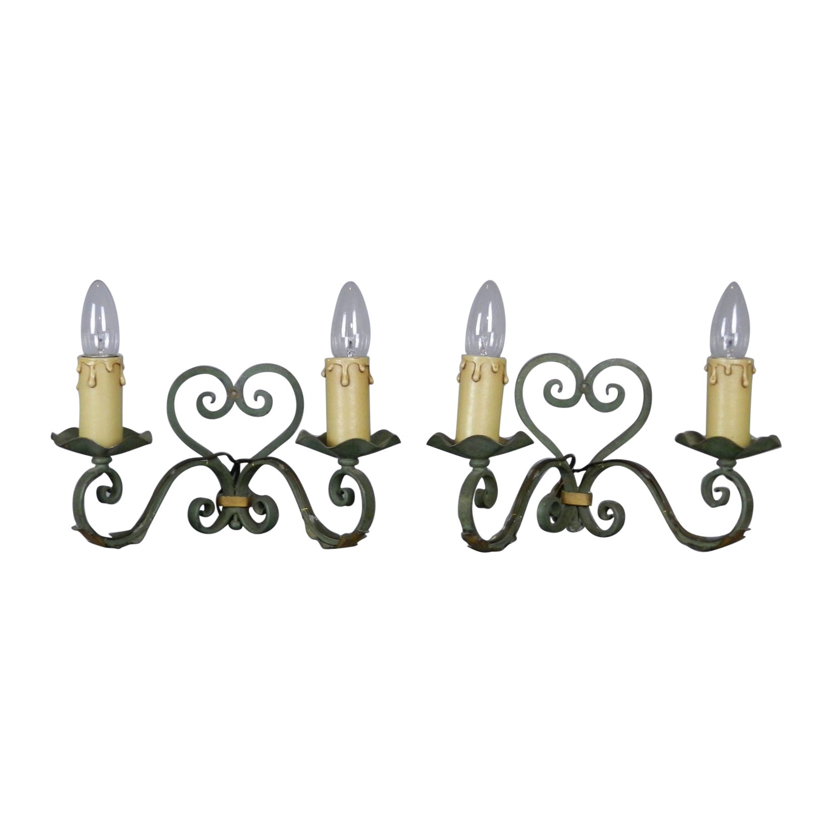 Pair French Hand Forged Metal & Tole Wall Sconces