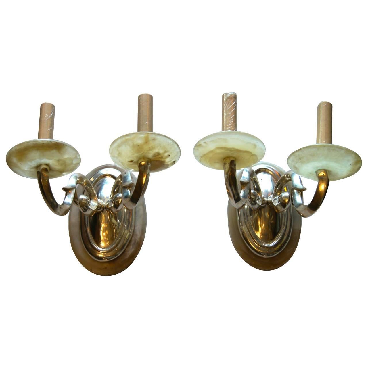 Pair of Alabaster and Silvered Metal Sconces For Sale