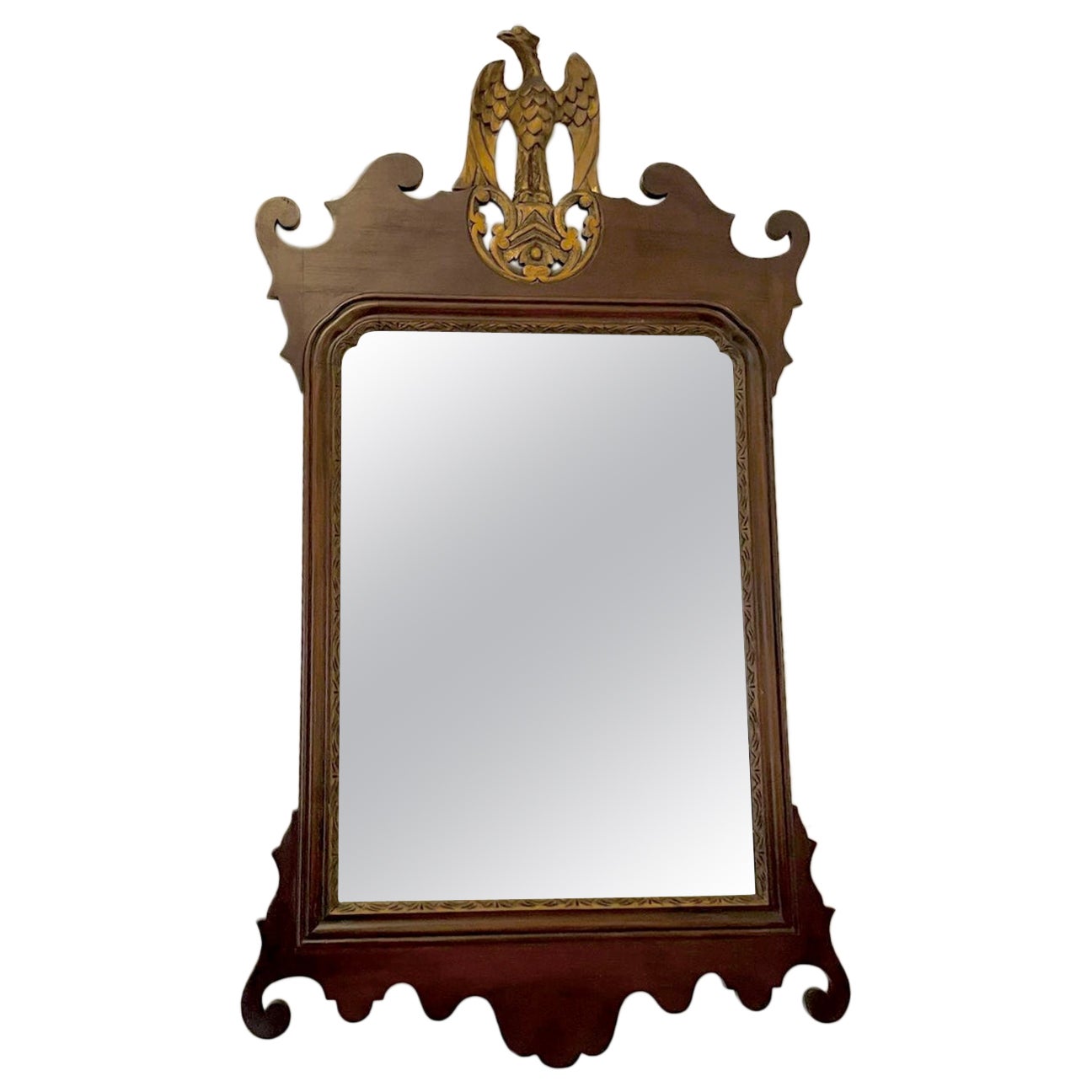 Large Antique Edwardian Inlaid and Gilt Mahogany Fretted Wall Mirror For Sale