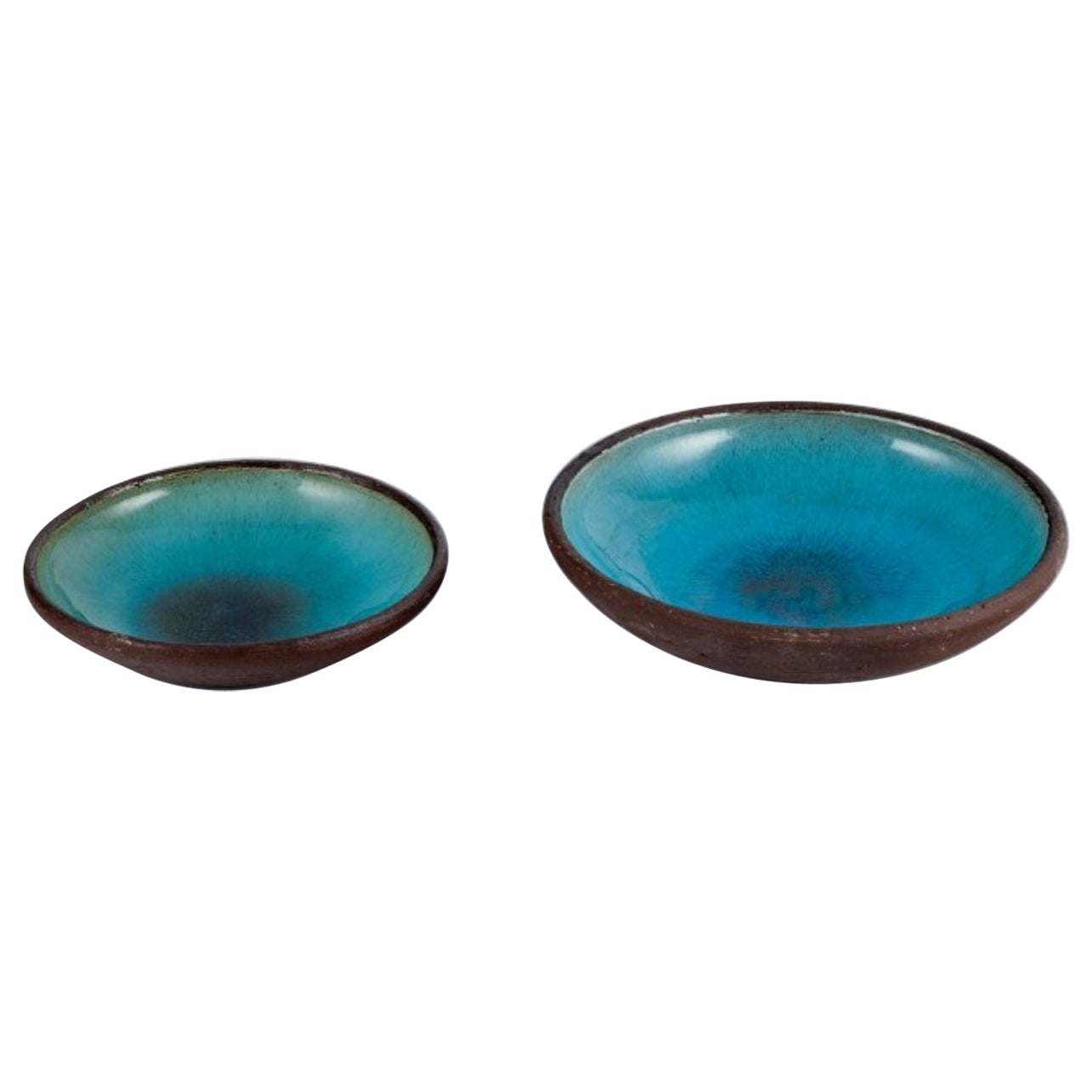 Osa, Denmark, Two Large Retro Unique Ceramic Bowls with Glaze in Turquoise Tones For Sale