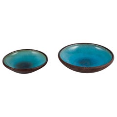 Osa, Denmark, Two Large Retro Unique Ceramic Bowls with Glaze in Turquoise Tones