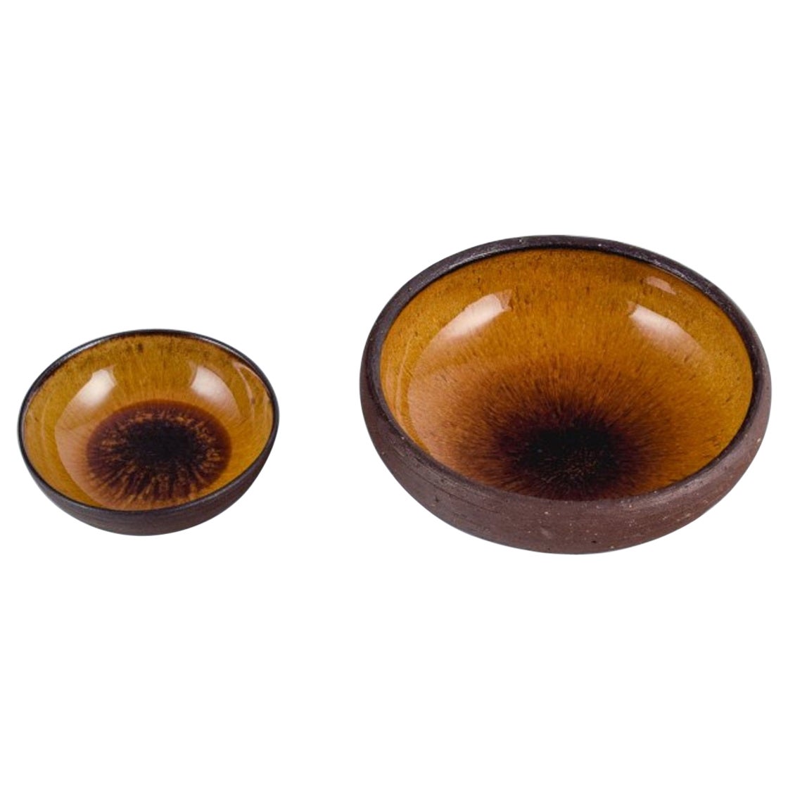 Osa, Denmark, Two Small Retro Unique Ceramic Bowls with Yellow-Brown Glaze For Sale