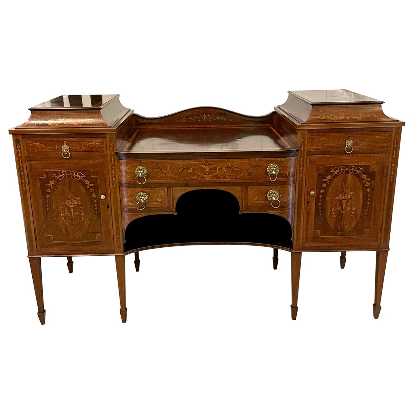 Fine Quality Antique Mahogany Inlaid Marquetry Sideboard By Hewetsons, London