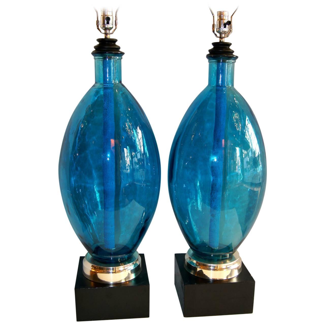 Pair of Large  Blue Glass Lamps For Sale