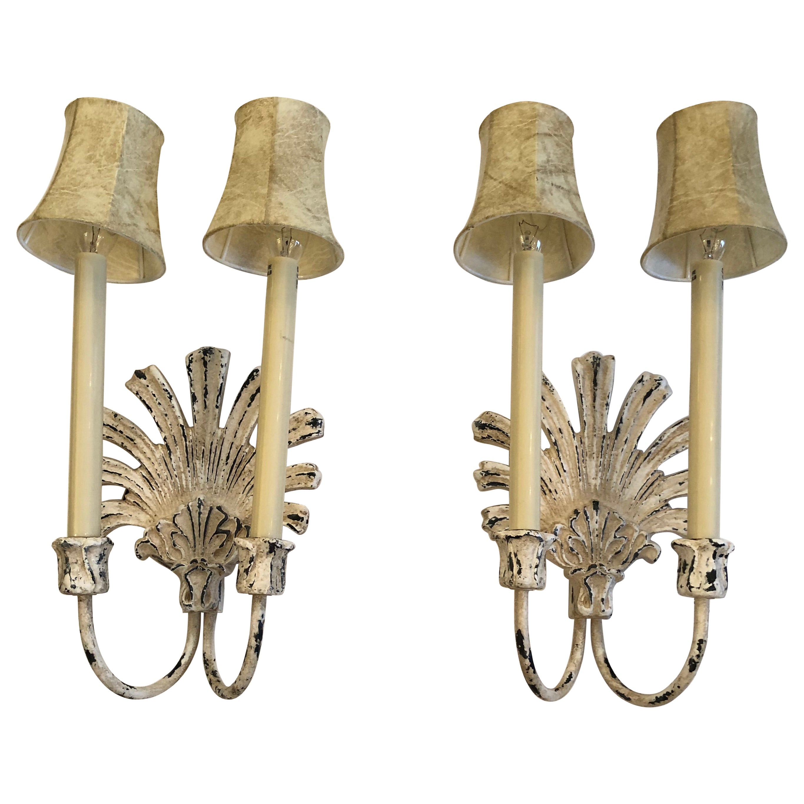 Lovely Painted Distressed Iron Shell Back Wall Sconces For Sale