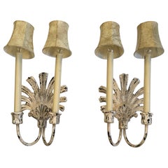 Lovely Painted Distressed Iron Shell Back Wall Sconces