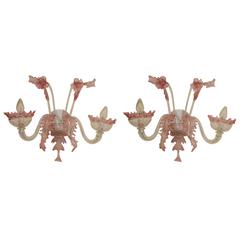 Pair of Pink and Clear Murano Glass Sconces