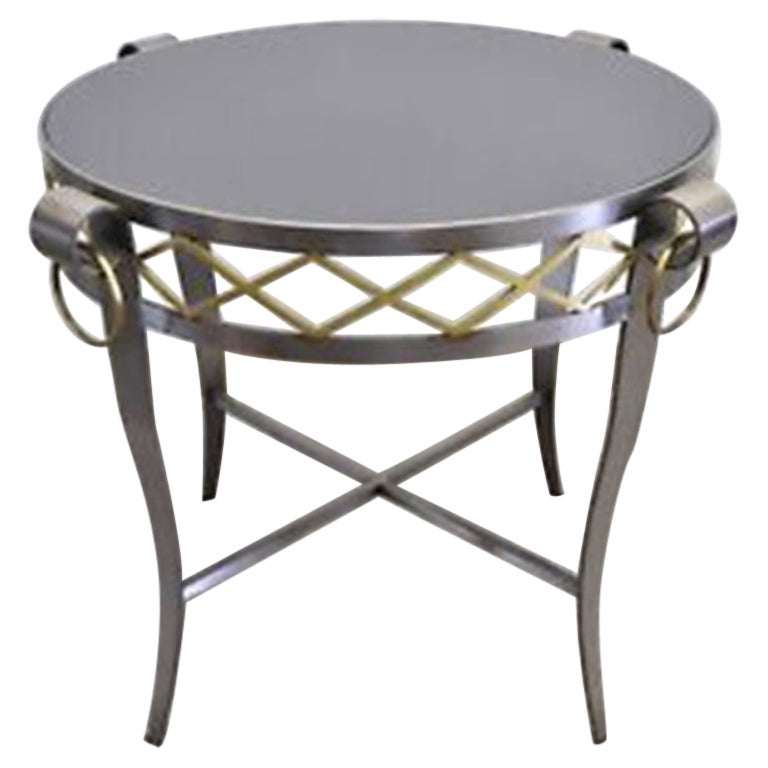 Neoclassical Maison Jansen Style Steel Black Marble Round Bouillotte Side Table For Sale