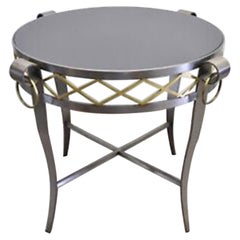 Neoclassical Maison Jansen Style Steel Black Marble Round Bouillotte Side Table
