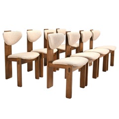 Set of Eight Sculptural Italian Dining Chairs in Oak and Beige Fabric, 1960s