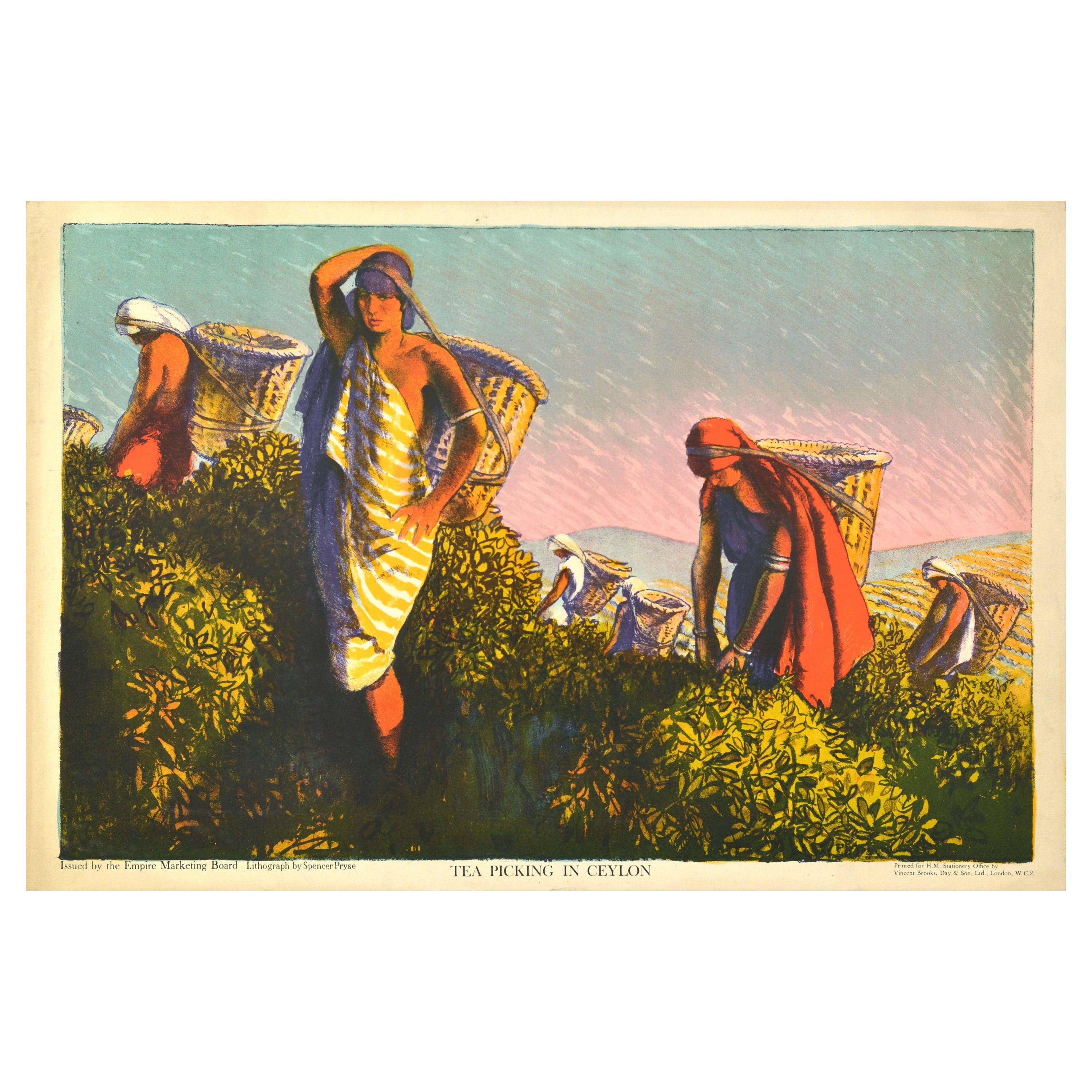 Original Antique Poster Tea Picking In Ceylon Sri Lanka Empire Marketing Board