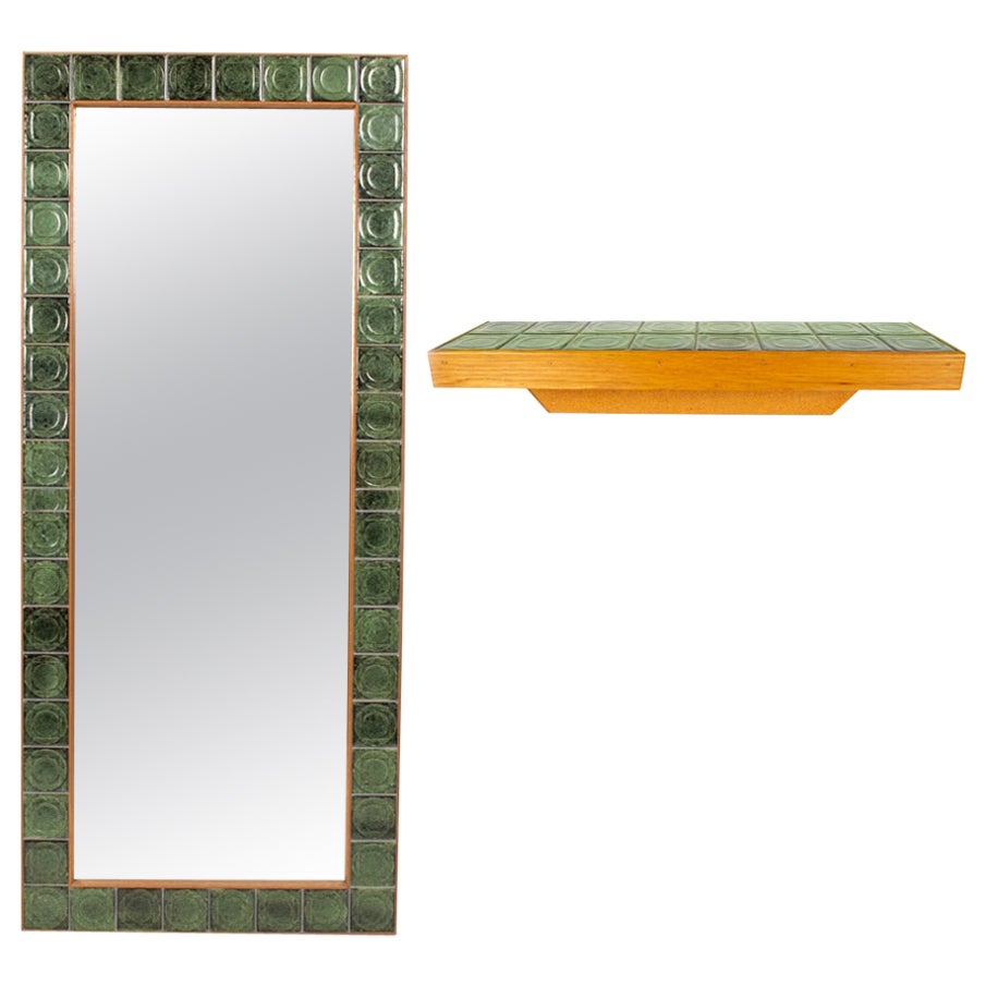 Bodil Eje-Style Danish Mid-Century Ceramic Tile Wall Mirror & Shelf For Sale