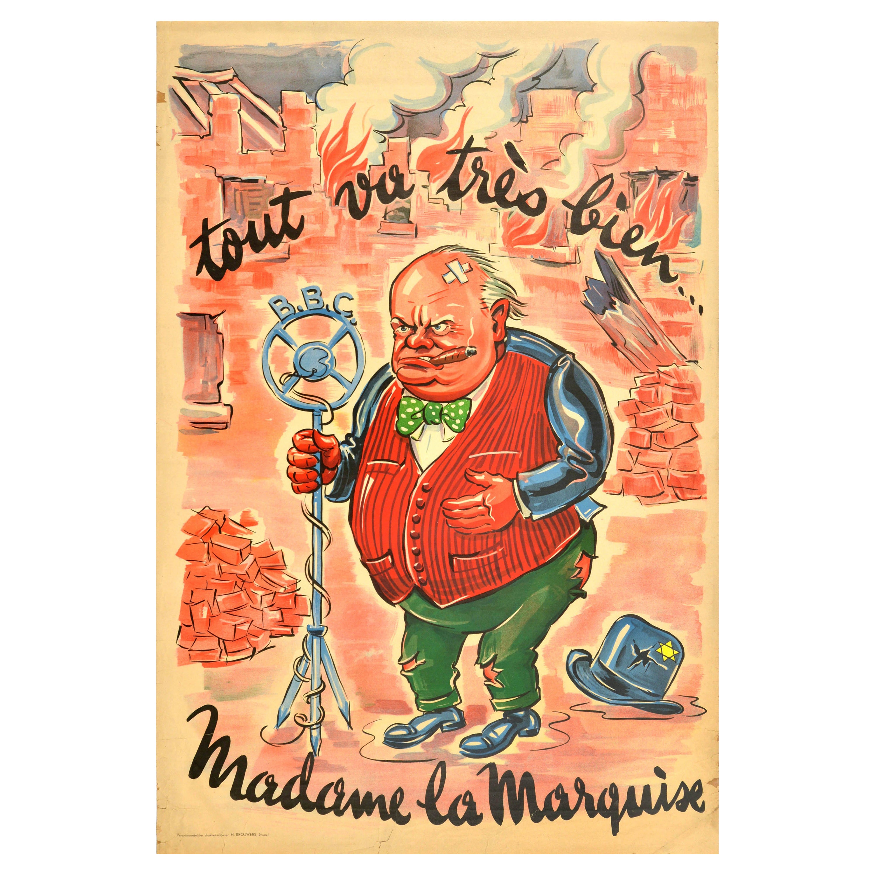 Original Vintage WWII Poster Tout Va Tres Bien Madame La Marquise Churchill BBC For Sale