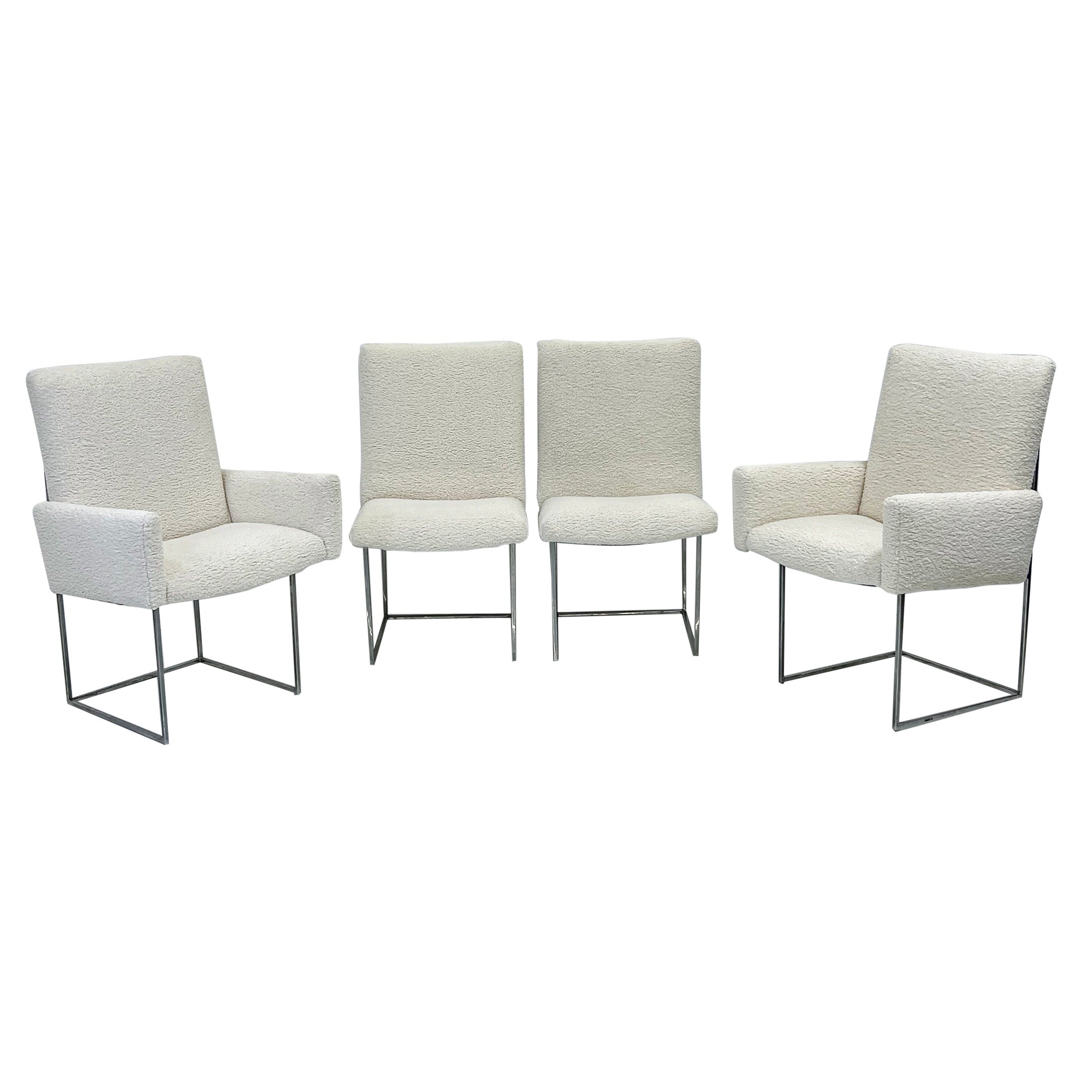 Set of 4 Milo Baughman Thin Line Dining Chairs in Ivory Boucle, 1970s For Sale