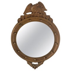 Antique miroir convexe en bois doré du 19ème siècle, de type fédéral américain, avec aigle en œil de bœuf