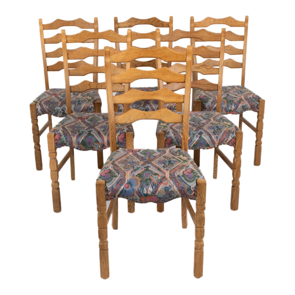 (6) Henning Kjaernulf Danish Oak Ladder Back Dining Chairs For Sale