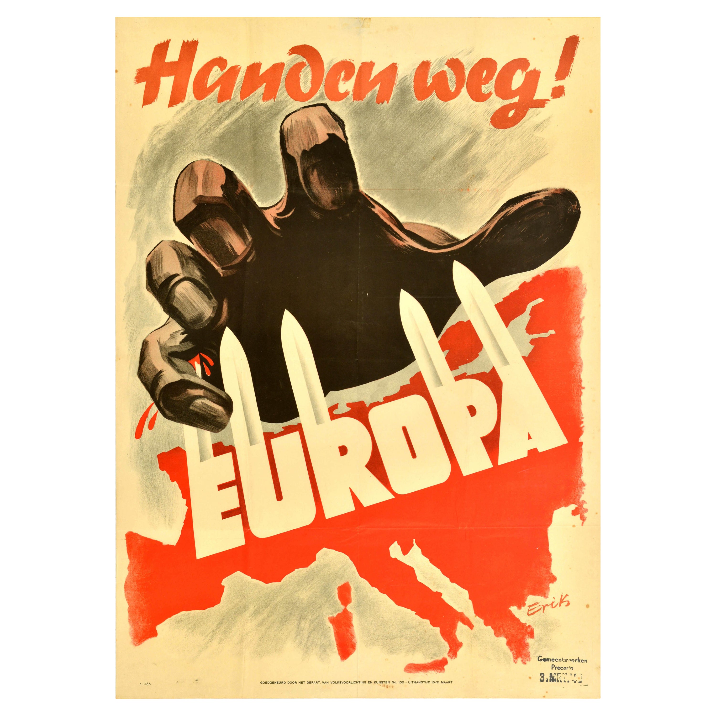 Original Vintage WWII Poster Handen Weg! Europa Hands Off Europe War Netherlands For Sale