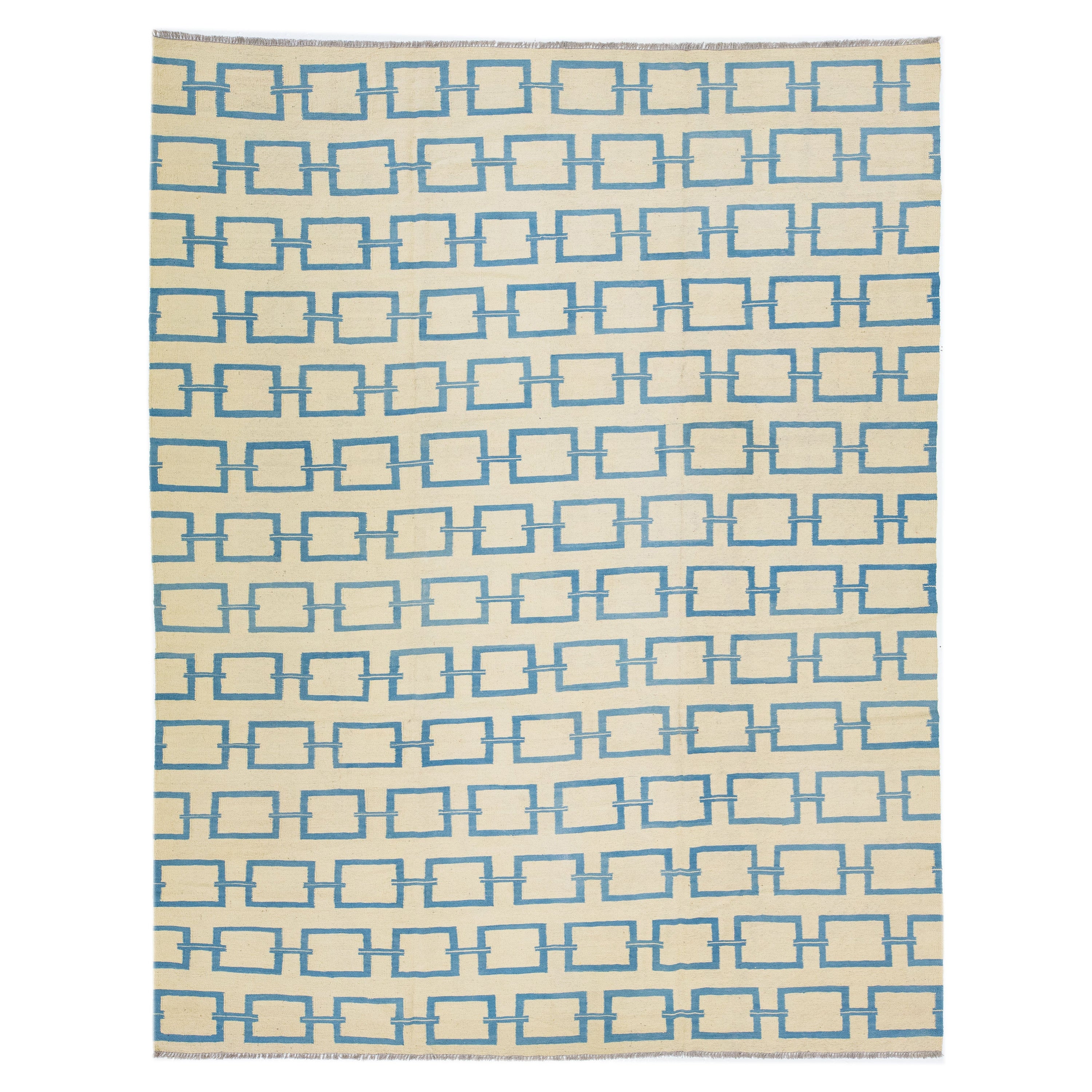 Beige Contemporary Turkish Kilim Wool Rug with Blue Geometric Motif For Sale