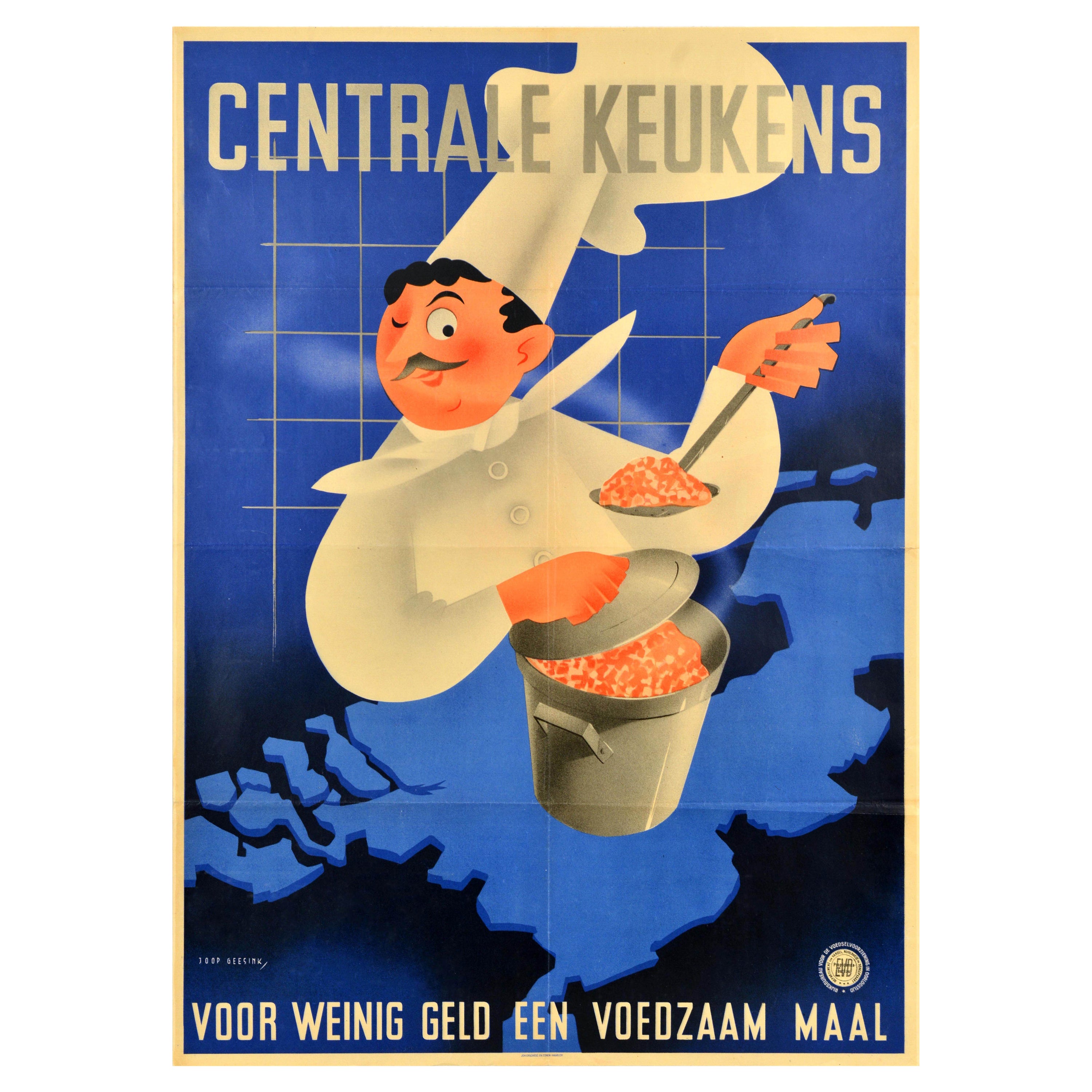 Original Vintage WWII Poster Central Kitchens War Food Centrale Keukens Map Chef