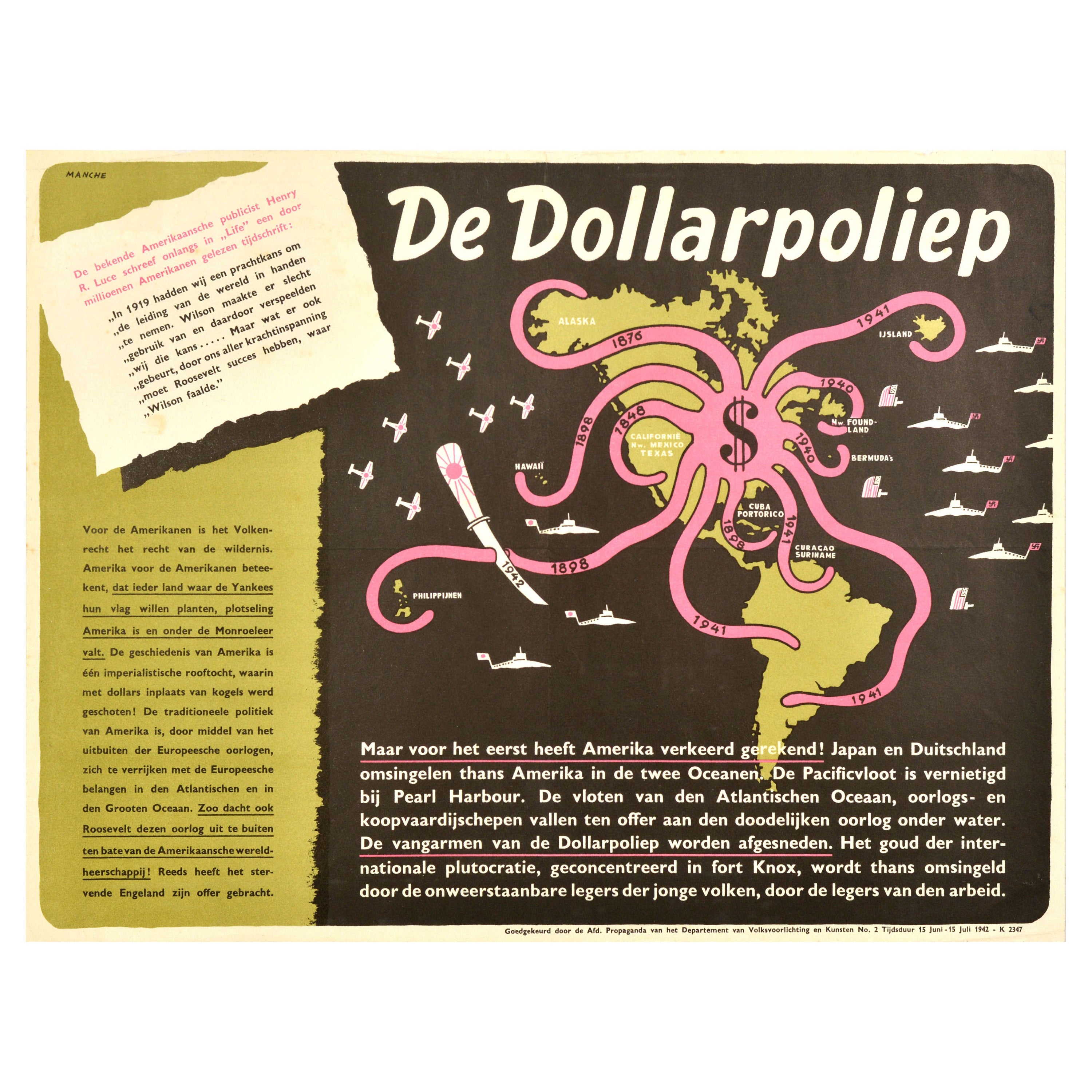 Original Vintage WWII Poster De Dollarpoliep The US Dollar Polyp Octopus War Map For Sale