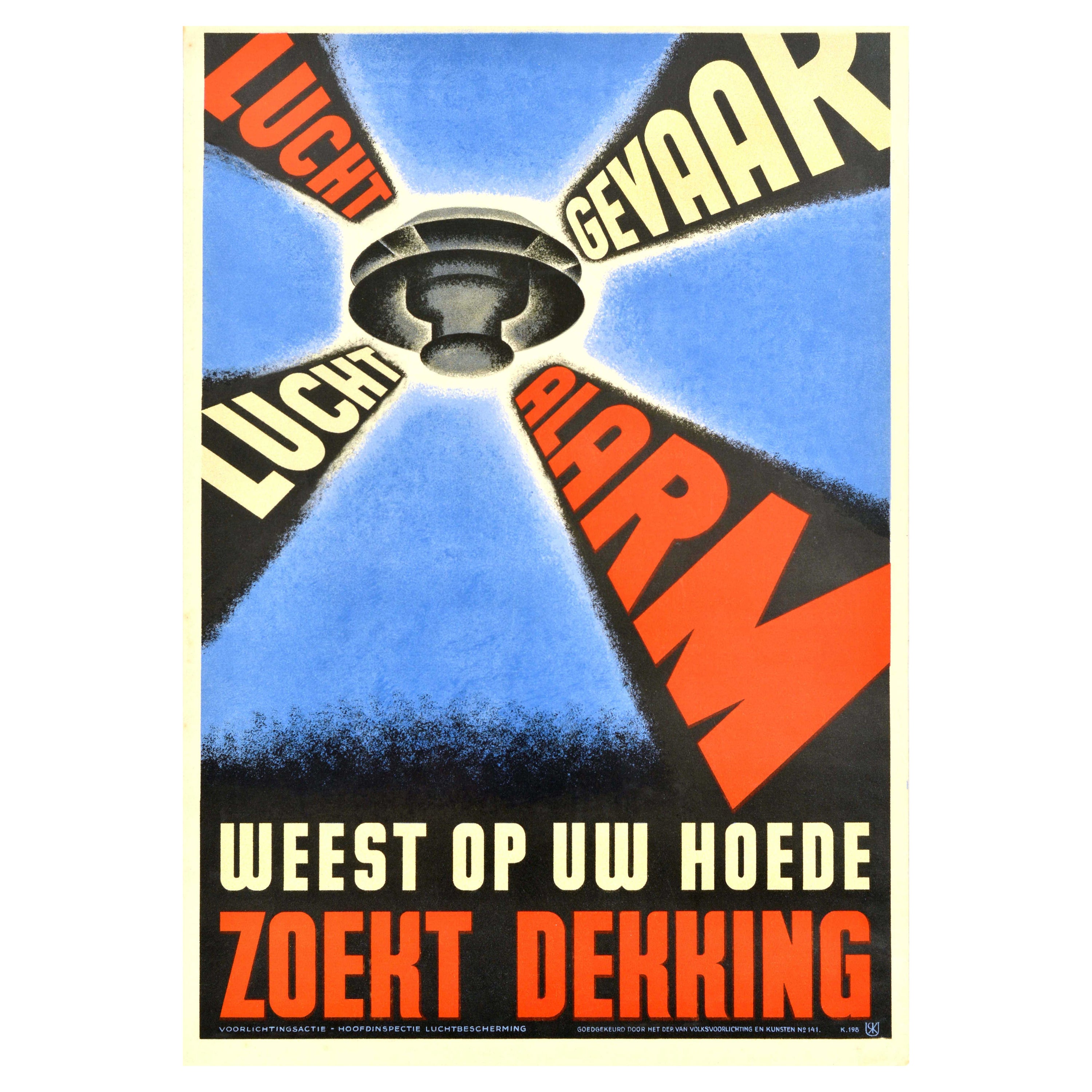 Original Vintage WWII Poster Air Raid Be Vigilant War Netherlands Luchtalarm Art