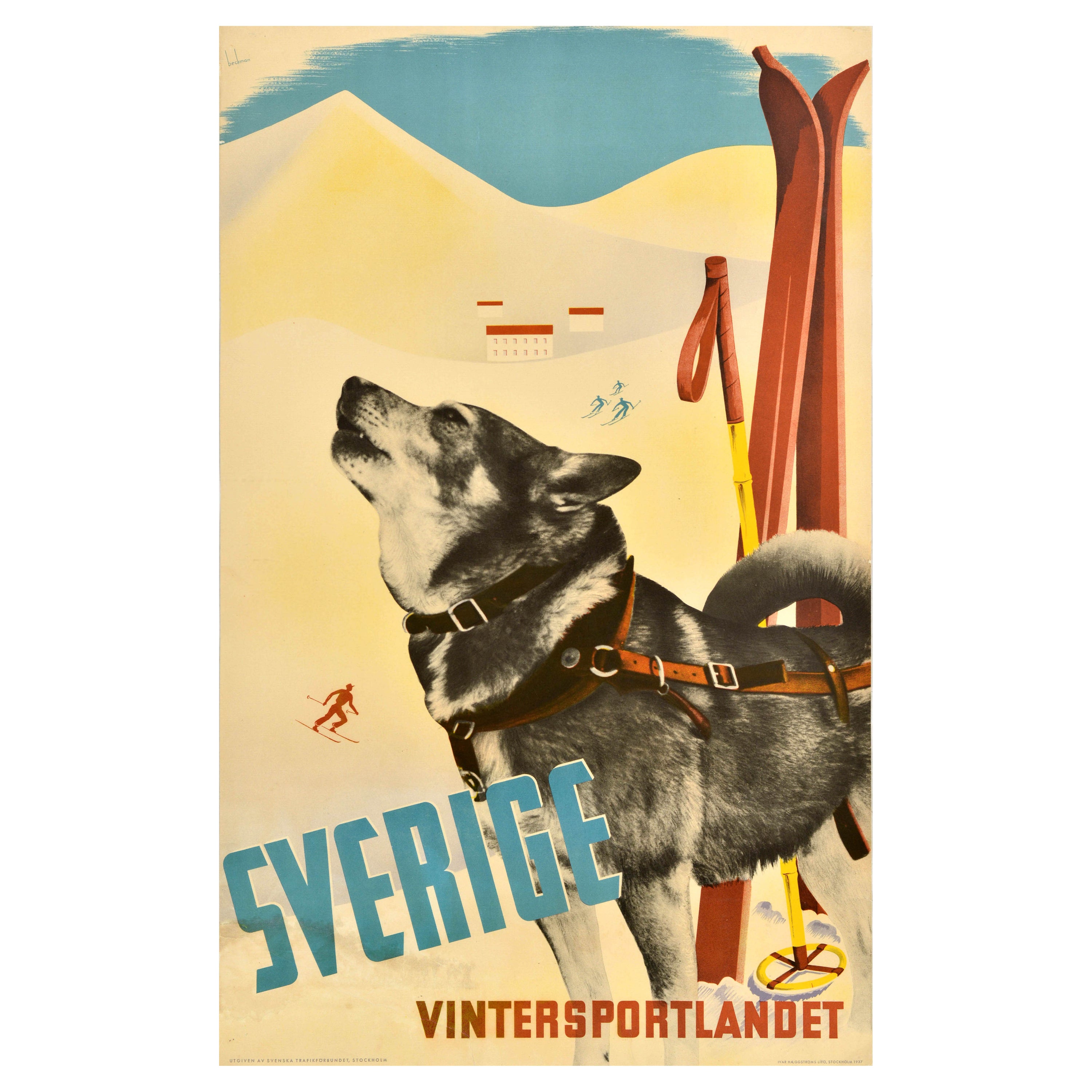 Affiche de ski vintage originale Sverige Vintersportlandet, Suède, chien de sport d'hiver