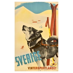 Original Vintage Ski Poster Sverige Vintersportlandet Sweden Winter Sports Dog
