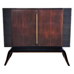 Italian 1940s Art Deco Midcentury Walnut Slatted Carved Dry Bar Cabinet