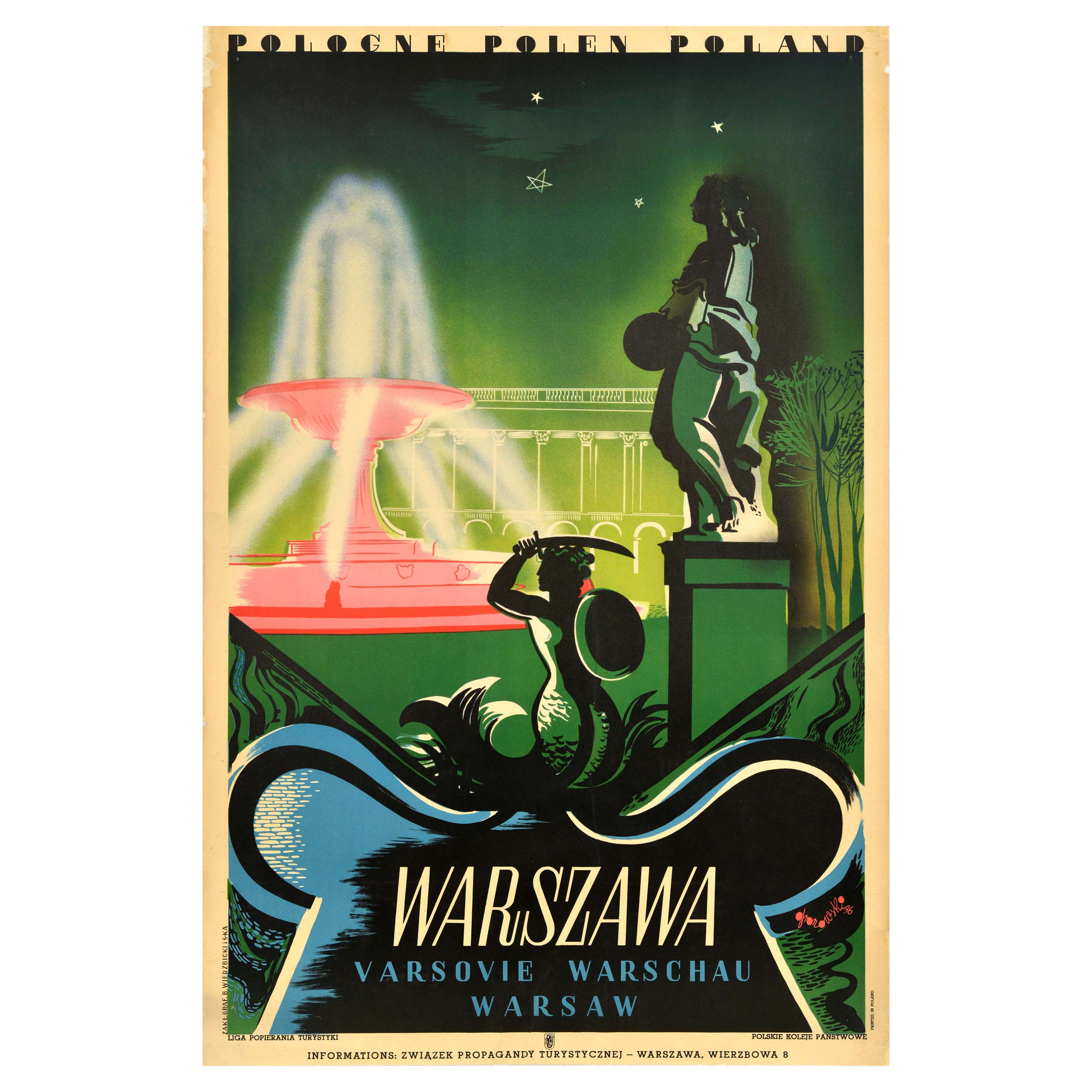 Original Vintage Travel Poster Warszawa Warsaw Mermaid Fountain Saxon Palace Art For Sale