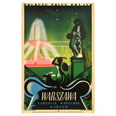 Original Vintage Travel Poster Warszawa Warsaw Mermaid Fountain Saxon Palace Art