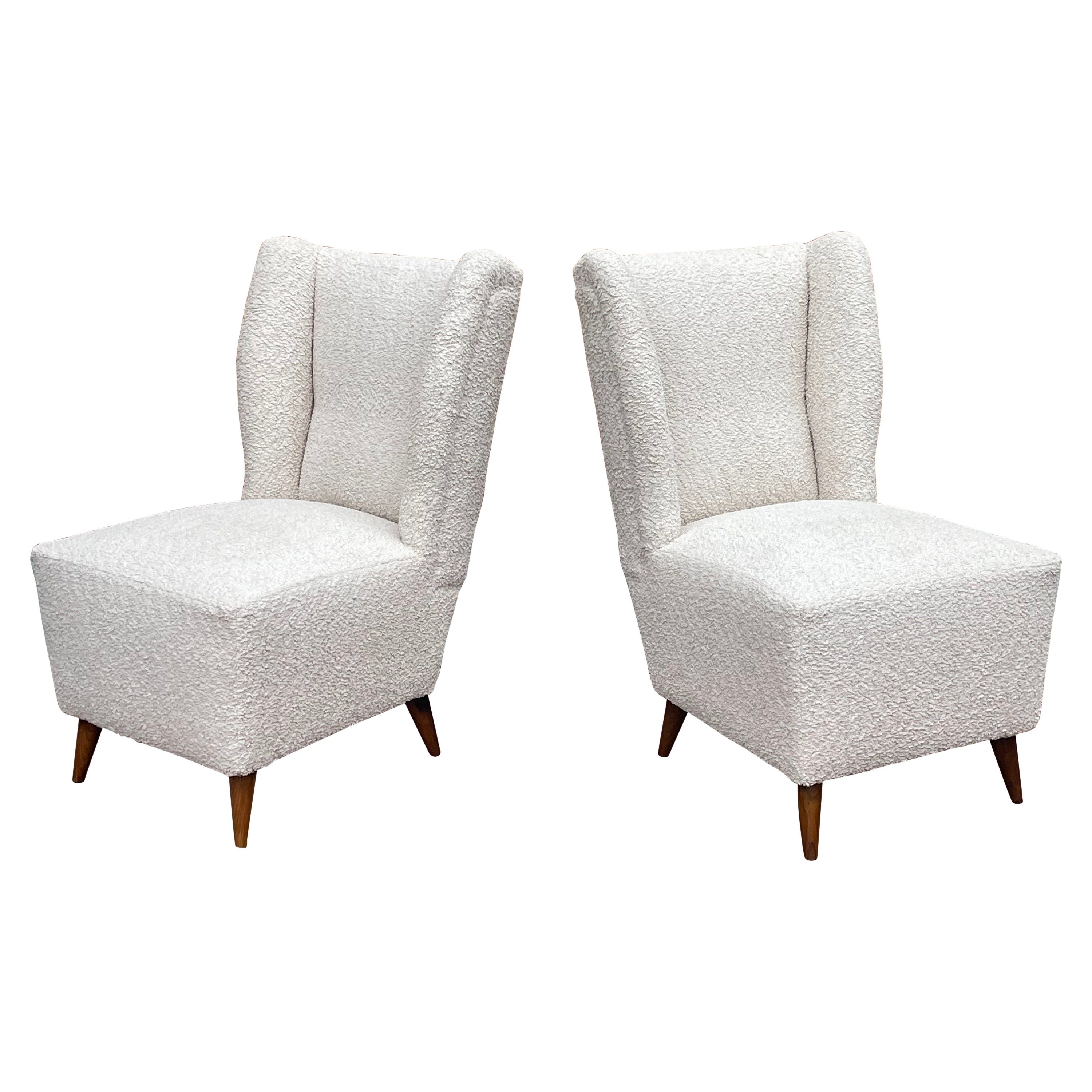 Pair of 1950s Slipper Chairs with New White Bouclé Upholstery For Sale