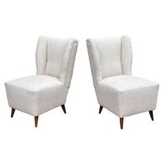 Pair of 1950s Slipper Chairs with New White Bouclé Upholstery
