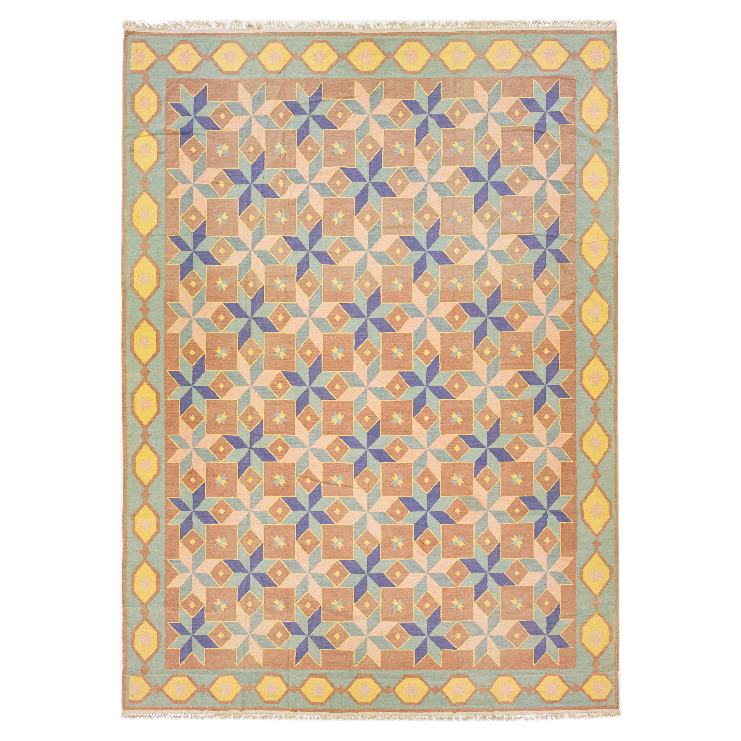 Multicolor Flatweave Modern Indian Dhurrie Wool Rug with Geometric Motif For Sale