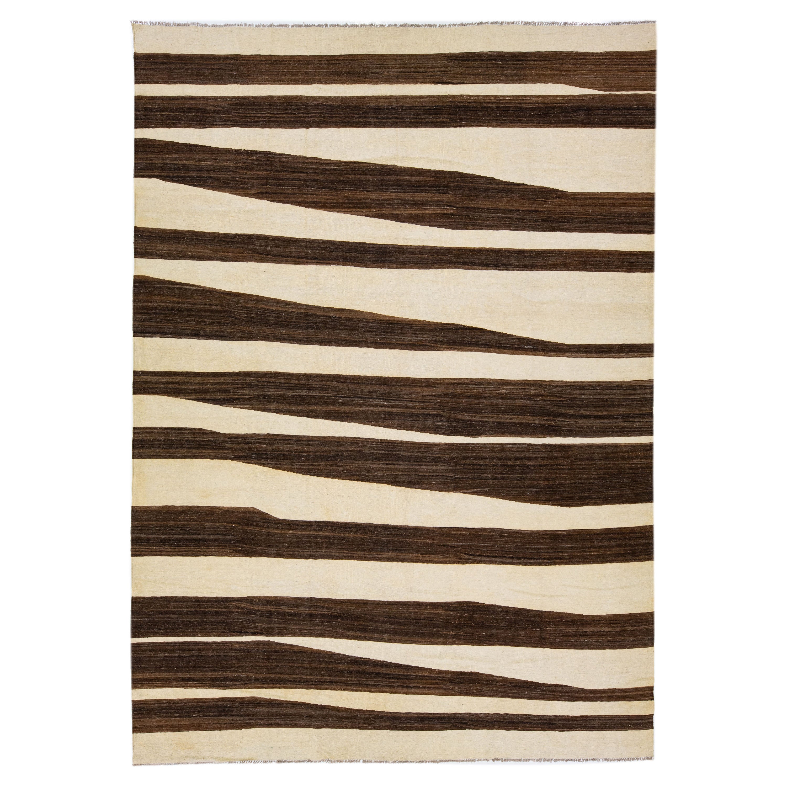 Beige & Brown Flatweave Kilim Turkish Wool Rug with Abstract Motif For Sale