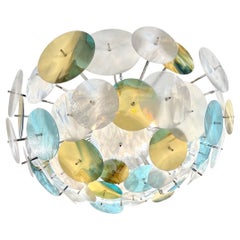 Modern Italian White Aqua Blue Yellow Murano Glass Nickel Sputnik Flushmount
