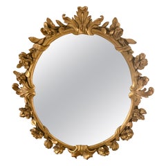 Vintage Italian Rococo Carved Giltwood Round Mirror
