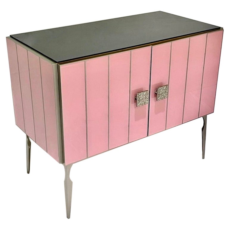 Modern Italian Custom Art Deco Style Rose Pink Black Glass Brass Cabinet /Bar