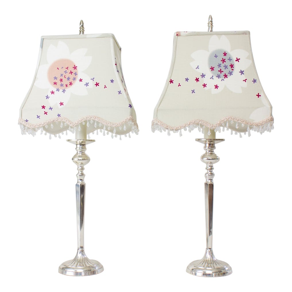 Pair of Silver Table Lamps with Custom Yukata Lampshades For Sale
