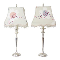 Pair of Silver Table Lamps with Custom Yukata Lampshades