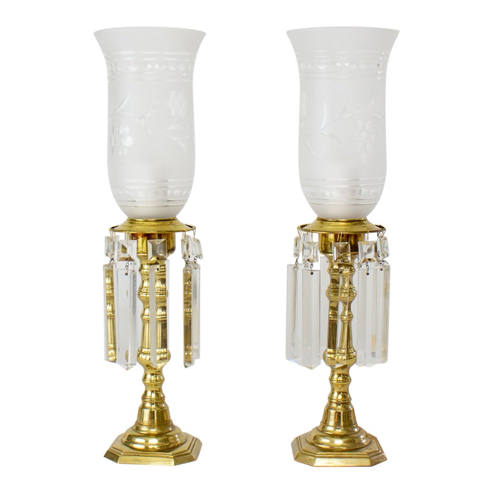 Brass Hurricane Lamps with Crystals, a Pair For Sale