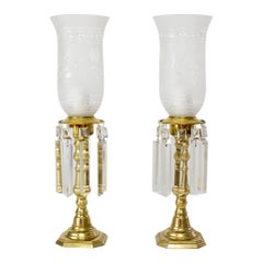 Brass Hurricane Lamps with Crystals, a Pair
