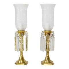 Vintage Brass Hurricane Lamps with Crystals, a Pair